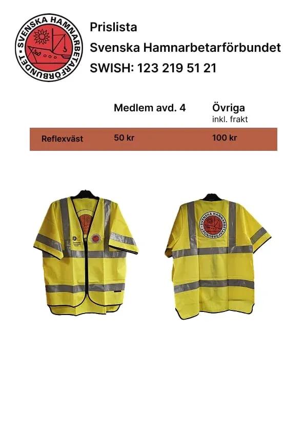 Prislista med gul reflexväst med Hamnarbetarförbundets emblem, framifrån och bakifrån