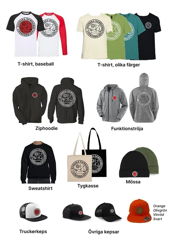 Sortimentet: t-shirt baseball, t-shirt i olika färger, ziphoodie, funktionströja, sweatshirt, tygkasse, mössa, truckerkeps och övriga kepsar