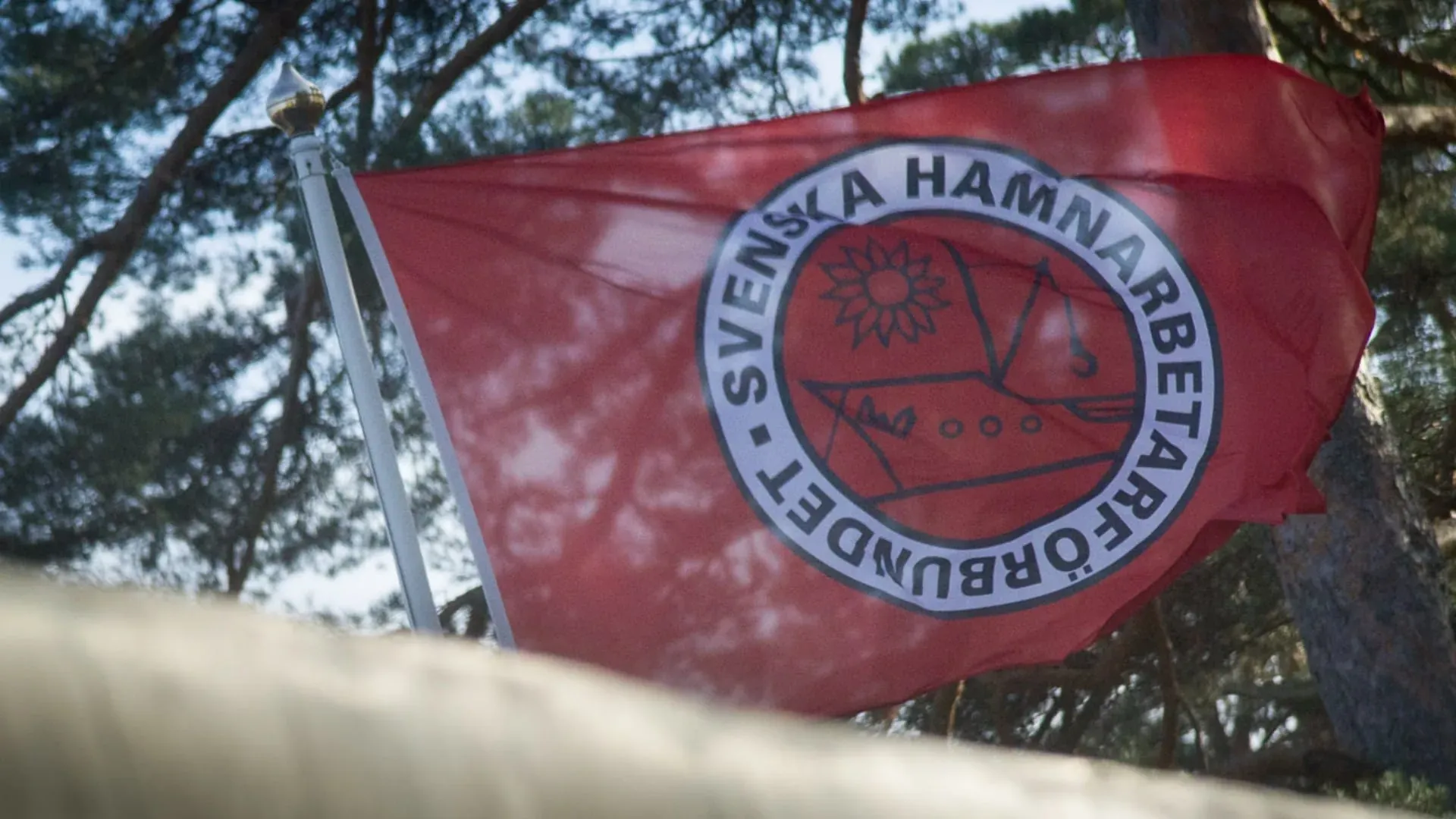 Hamnarbetarförbundets röda fana med förbundets emblem